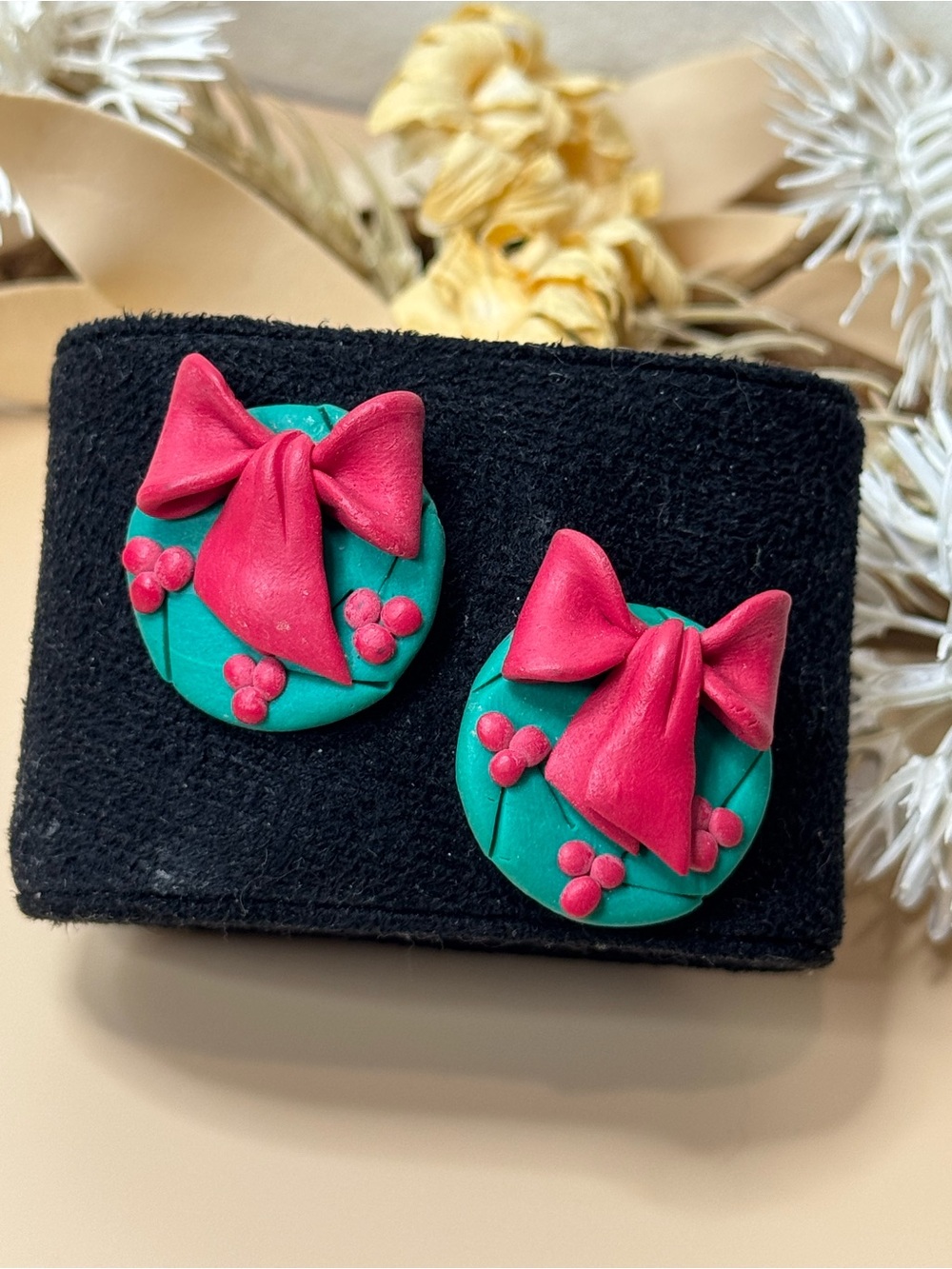 Vintage Christmas Wreath Earrings Red Bow Green Holiday Statement Studs